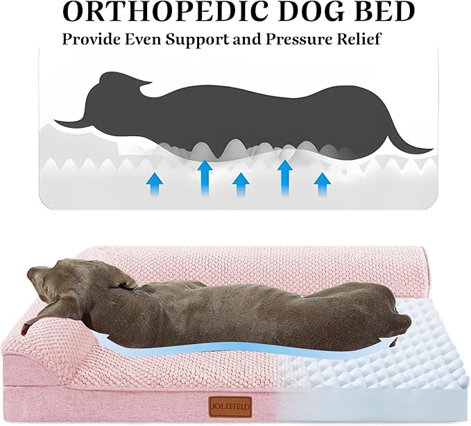 Orthopedic XL Dog Bed Large Sized Dog 42''X28'', Waterproof L Bolster Egg Crate Foam Big Pet Crate Beds with Washable Removable Cover, Non-Slip Soft Pet Couch Sleep Mat, Pink