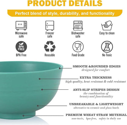 Wheat Straw Bowls 10 OZ, Unbreakable Ice Cream Bowls Set of 6, Reusable Mini Bowls for Salad, Cereal, Soup, Microwave & Dishwasher Safe Fruit Bowl for Indoor & Outdoor, Green