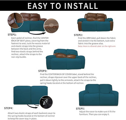 Easy-Going 100% Dual Waterproof Recliner Loveseat Cover, 6-Pieces Stretch Relining Sofa Cover with Pocket, Jacquard 2 Seat Sofa Slipcover Leakproof Washable (Loveseat, Peacock Blue)