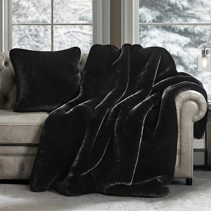 EVERGRACEHOME Luxury Soft Faux Chinchilla Fur Throw Blanket for Couch, Warm Thick Heavy Winter Throw Blanket 1220GSM for Bed, Fluffy Cozy Mink Blanket with Reversible Velvet, Black Noir Mink, 60"x80"