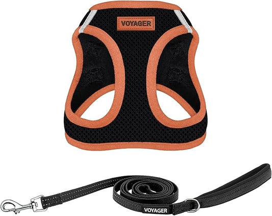 Best Pet Supplies Voyager Step-in Air All Weather Mesh Harness and Reflective Dog 5ft Leash Combo with Neoprene Handle, for Small, Medium and Large Breed Puppies - Set (Black/Orange Trim), X-Large