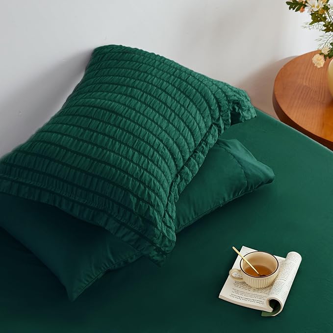 Love's cabin Seersucker Dark Green Full Comforter Set, 7-Piece All Season Lightweight Bed in a Bag Bedding Set with Comforter, Flat Sheet, Fitted Sheet, Pillowcases and Shams | Soft, Breathable, Lightweight