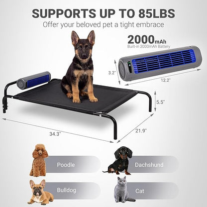 Tailwaggz Elevated Outdoor Dog Bed with Fan - Cooling Dog Bed for Large Dogs, Waterproof Cot Easy to Assemble, 3 Wind Speed, Raised Dog Bed with Washable Mesh Cover, Durable, Non Slip, Up to 85 lbs