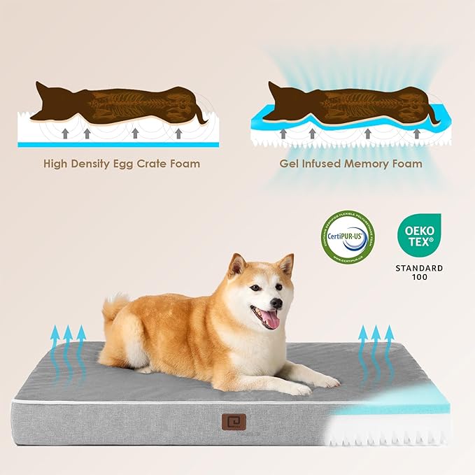 EHEYCIGA Orthopedic Dog Bed Waterproof 47"x29", Memory Foam Pet Bed for XXLarge Dog Bed, Washable Pet Mat with Removable Cover, Grey