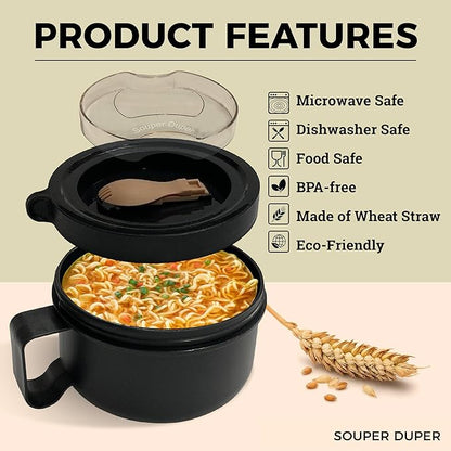 Souper Duper Ramen Bowl Set with Utensil • Heat & Eat Noodles in the Same Soup Bowl • Meal Prep Containers with Lids • Lunch Containers • Microwave, Freezer, Dishwasher Safe (Black)