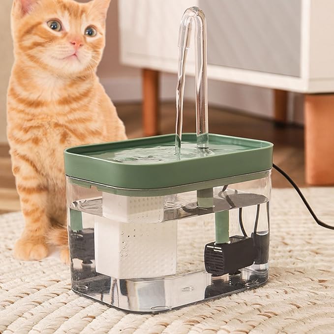 USB Cat Water Fountain,Dog Water Dispenser for Camping,Automatic Pet Fountain with Acrylic Curved Outlet Tube,Bowl,1 Filter Cotton,Outdoors,Green PC101-5