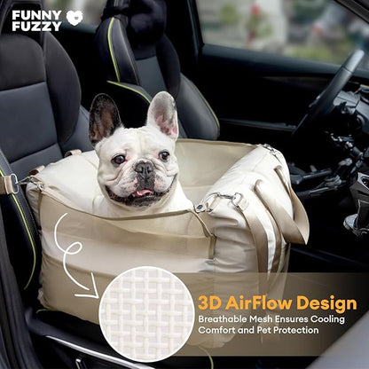 FUNNY FUZZY Dog Car Seat Waterpoof for Small & Medium Dogs Up to 35lbs, Detachable & Washable Pet Booster Seat with Leash, Thick Cushion, Storage Pockets & Adjustable Straps (Beige)