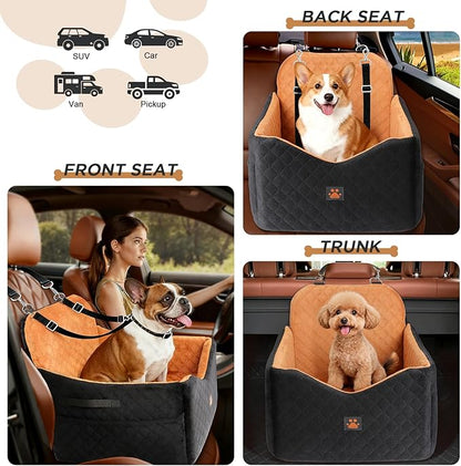 Dog Car Seat for Small/Medium Dogs Up to 35lbs, Puppy Car Seat with Thick Cushion, Detachable Washable Dog Carseat with Storage Pockets, 2 Safety Belts (Brown)
