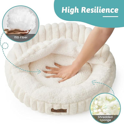 Cat Bed with Hooded Blanket, Round Fluffy Anti-Anxiety Pet Bed for Cats/Toy Breed Dogs, Cozy Donut Cuddler with Machine Washable Faux Fur & Anti-Slip Bottom(20"×20"×6",Cream)