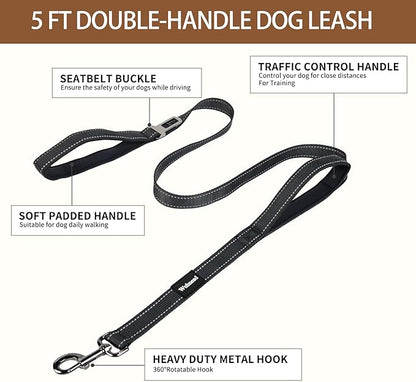 No Pull Dog Harness and Leash Set-Reflective Vest with Handle&5FT Dog Leash with Car Seatbelt Clip,Breathable Mesh&Quick Fit Dog Harness Easy for Medium Large Dogs Training Walking(Black,M)