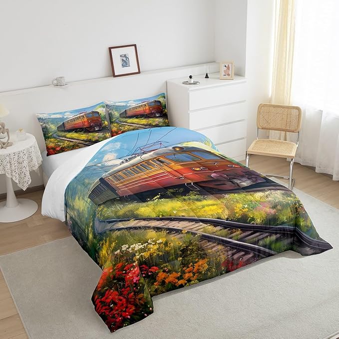 Erosebridal Watercolor Train King Comforter Steam Engine Comforter Set Oil Painting Bedding Set Rainbow Botanical Floral Duvet Set Hand Drawn Car Theme Room Décor for Kids Toddler Boys