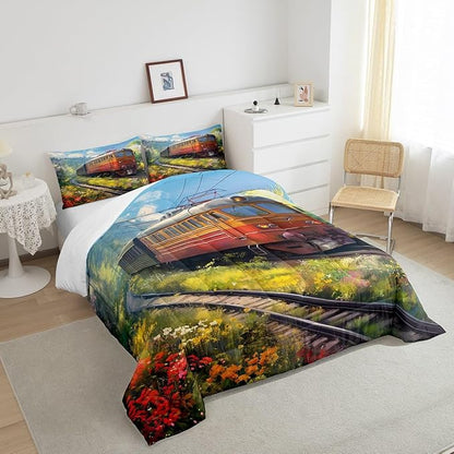 Erosebridal Watercolor Train King Comforter Steam Engine Comforter Set Oil Painting Bedding Set Rainbow Botanical Floral Duvet Set Hand Drawn Car Theme Room Décor for Kids Toddler Boys