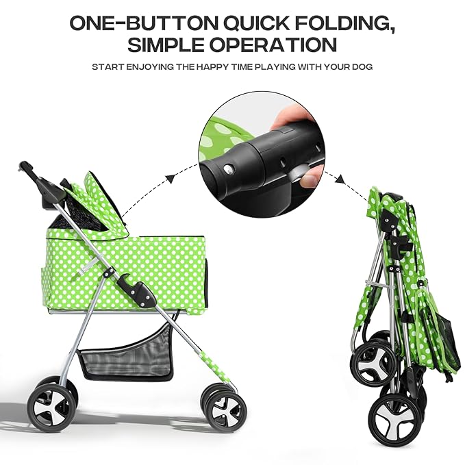 3-in-1 Visible Foldable Pet Carrier, Detachable Car Seat and Stroller with Push Button Entry for Small Pets, Cat Dog Carrier for Medium Dogs Cats, Load Up to 33 lbs, Green Polka Dots