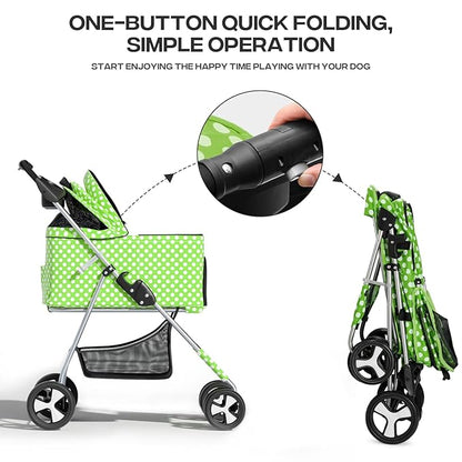3-in-1 Visible Foldable Pet Carrier, Detachable Car Seat and Stroller with Push Button Entry for Small Pets, Cat Dog Carrier for Medium Dogs Cats, Load Up to 33 lbs, Green Polka Dots