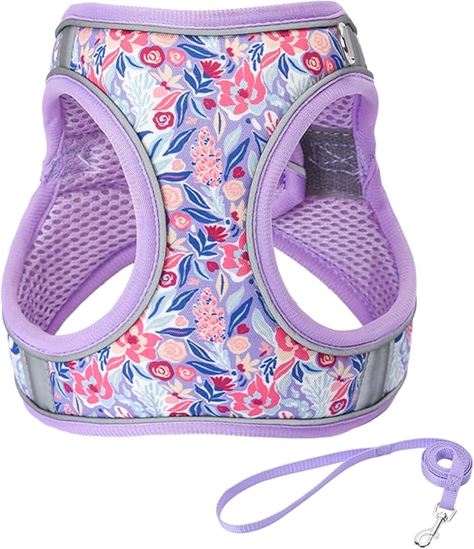 M Light Purple Flower Pattern Dog Harness and Leash Set,No Escape Puppy Harnesses for Training Walking，Breathable Adjustable Puppy Vest for Small Medium Dogs, Cats (Light Purple, M)