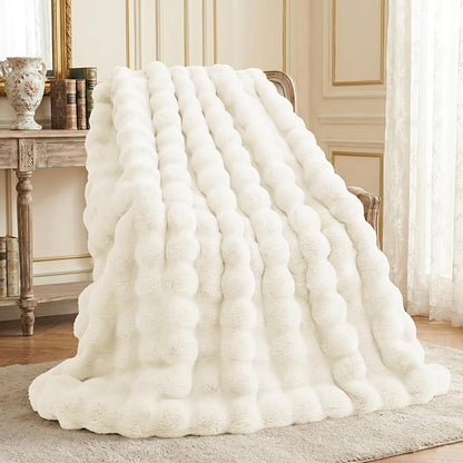 L'AGRATY Faux Fur Throw Blanket: 90" x 90" Luxury Soft Fluffy Thick Rabbit Fur Blankets for Queen Bed Couch - Cozy Plush Bubble Blankets for Winter: Warm Flannel Fleece Decorative Blanket(Cream White)