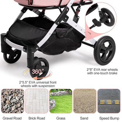 Pet Stroller for Medium Small Dog & Cat, Foldable Lightweight Dog Stroller with Storage Basket Pet Travel Carriage with Safety Leashes, 4 Wheel, Pink