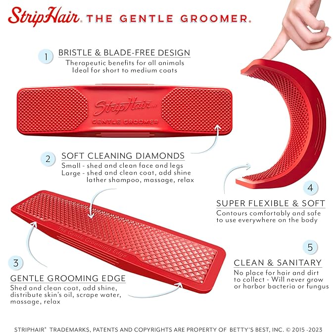 StripHair Gentle Groomer - Original for Horses Dogs 6-in-1 Shedding Grooming Coat Shine Massage Tool (Red)