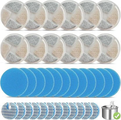 12 Set Cat Fountain Filter Replacement for Round 2L/67oz Automatic Dog Dispenser Water Bowl, Stainless Steel Pet Water Fountain Filters with Triple