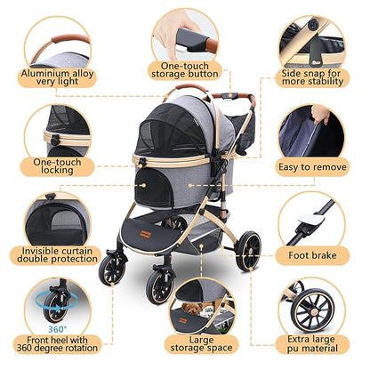 Pettingzoo Dog stroller with 4 Wheels, Folding Cat Stroller for Small/Medium/Large dogs & cats to 60 lbs, pet stroller with removable carrier, Storage BasketCup Holder,3 in1 Multifunctional Detachable