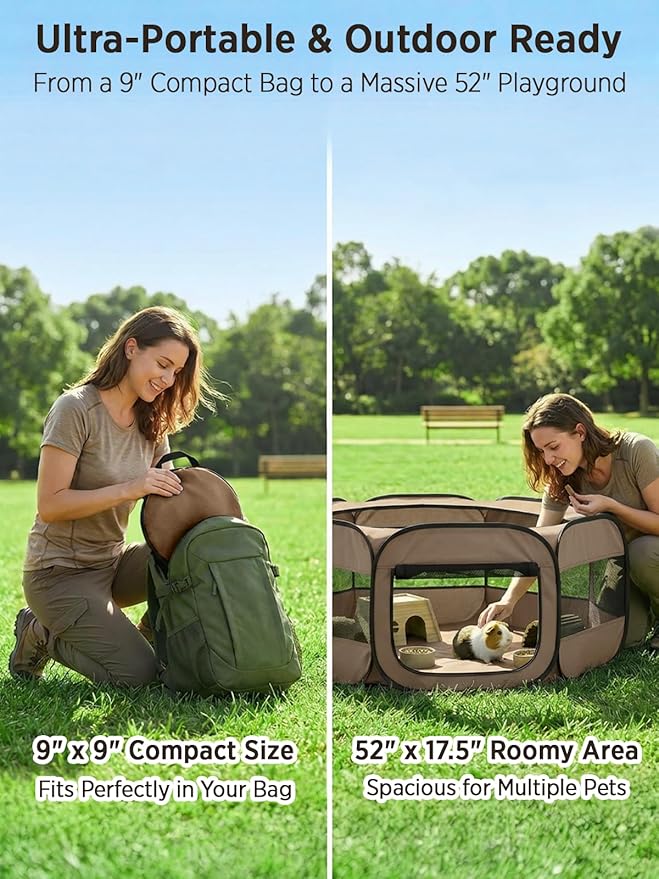 UWE Extra Large Small Animal Playpen, XL Portable Pet Playpen for Rabbit, Kitten, Guinea Pig, Hamster, Puppy – Waterproof Foldable Mesh Tent with Zipper Cover, Indoor Outdoor Use, Brow
