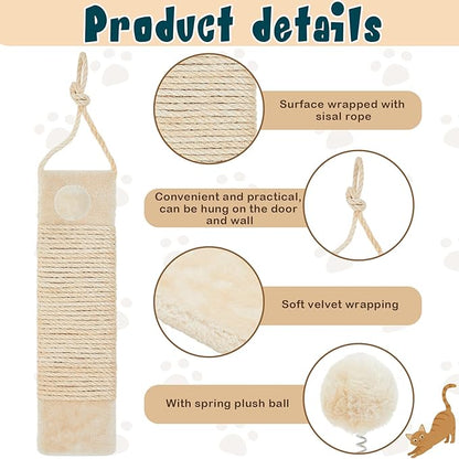 Dansydaisy 2 Pcs Cat Scratcher Door Hanging, 19.3 x 5.5inch Cat Scratching Post Wall Mounted, Natural Sisal Scratching Pad Surface with Ball Toy for Indoor Cats Kitty