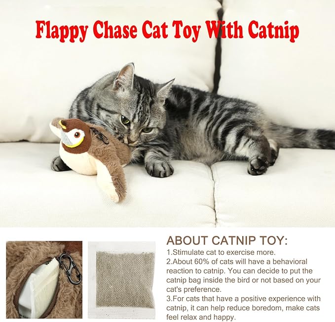 Upgraded Interactive Chirping Bird Cat Toys with Flapping Wings,New Flying Birds Cats Toy, Flying Simulation Electric Sparrow Shaking Hunting Pet Toy for Indoor-Larger (Brown)