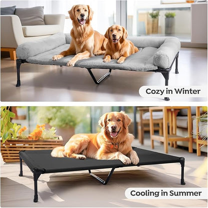 Veehoo Orthopedic Elevated Dog Bed with Fluffy Plush Bolster Cushion, Indoor Raised Dog Beds for Large Dogs, Soft Pet Sofa Cot with Removable Washable Mat, No-Slip Feet, 59 x 37 inches, Grey