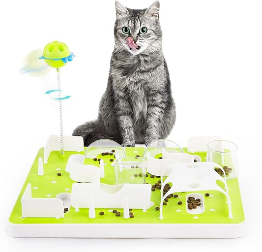 ALL FOR PAWS Interactive Cat Puzzle Feeder, Slow Feeder with Teaser Ball, Treat Maze Feeder & Brain Toy, Mentally Stimulating Enrichment Toy for Kittens & Indoor Cats