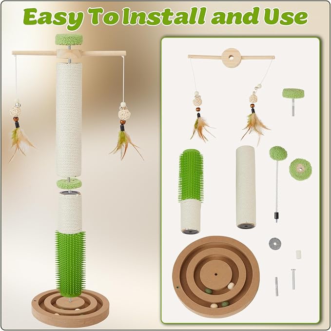 Cat Scratching Post, 26 Inch Tall Scratching Posts for Indoor Cats Adults and Kittens, Small Cat Scratch Post with Rotatable Hanging Toys, Rubber Brush and Double-Layer Interactive Wooden Ball Track