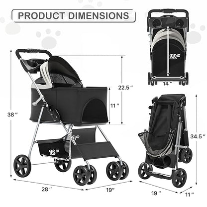 MoNiBloom 3 in 1 Foldable Pet Stroller for Small & Medium Dogs, Detachable Carrier, Car Seat, Push Button Entry, 4-Wheel Jogger for Pets up to 33 lbs, Black