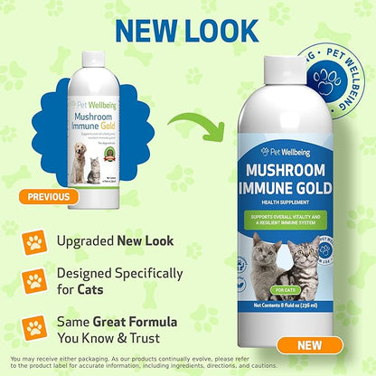 Pet Wellbeing Mushroom Immune Gold for Cats - Complementary Immune Support with Functional Mushrooms Reishi, Maitake & Turkey Tail - NASC Certified & Vet-Formulated - 8 oz Liquid Formula