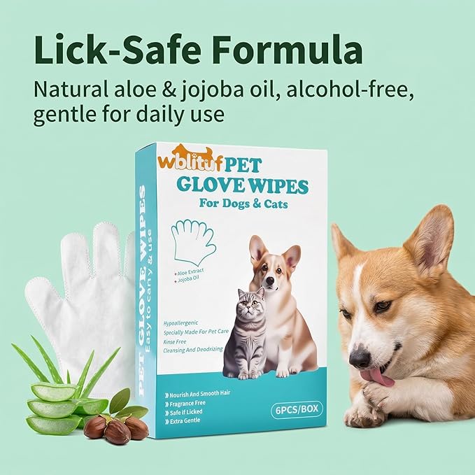 Pet Cleaning Glove Wipes 6 Count | Individually Wrapped Disposable Grooming Glove Wipes with Aloe & Jojoba Oil, Waterless No-Rinse Odor Control, Lick-Safe Five-Finger Design for Dogs&Cats