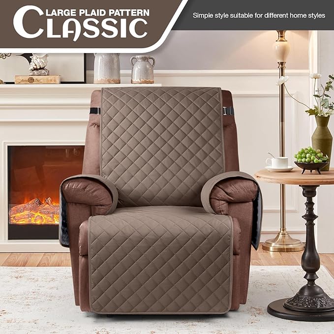 KinCam 100% Waterproof Recliner Chair Cover, Reclining Couch Covers for Pets, Dogs, Recliner Couch Slipcover Furniture Protector with Elastic Straps for Kids(28", Brown)