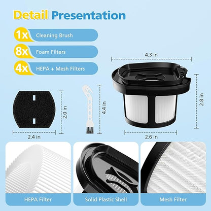 4 Pack 2284W 2390A Vacuum Replacement Filter Compatible with Bissell Pet Hair Eraser Hand Vacuum 2284W, 2390, 2390A, 2579, 2389, Part # 1614212 1614203 1614204, 4 Mesh Filters and 8 Foam Filters