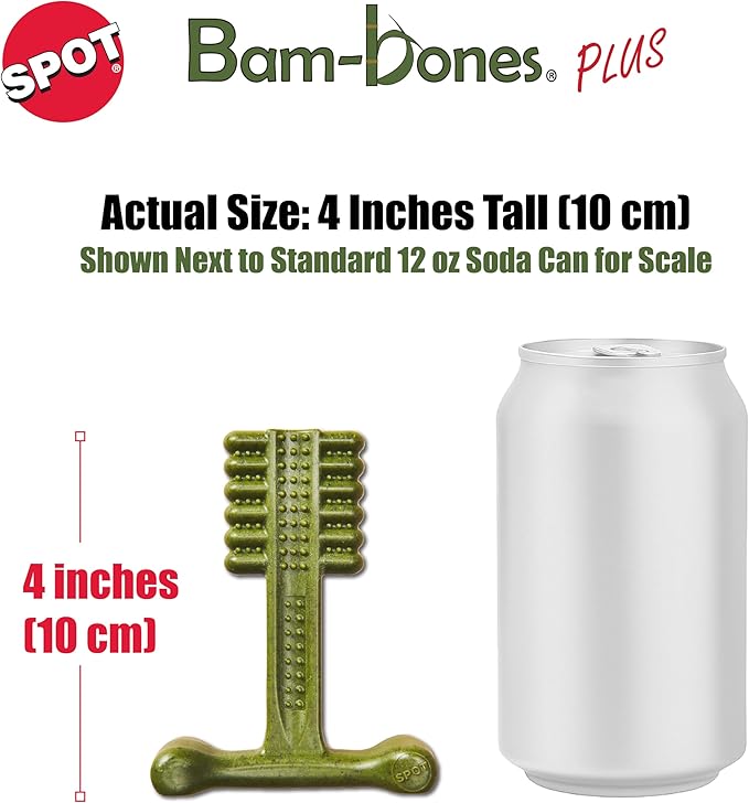 SPOT Bam-Bones Plus Toothbrush Dog Chew Toy 2-Pack for Small Dogs 10-30 lbs, Bamboo & Nylon Dental Chew with Mint & Baking Soda, T-Bone for Moderate to Heavy Chewers, 4 Inch