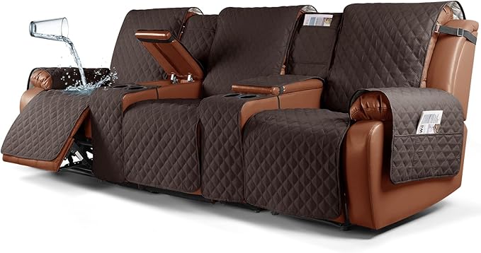 Ruaozz Waterproof Recliner Sofa Cover with Console Non-Slip Couch Covers for Reclining Couches Pet Cover for Double Recliner Sofa Cover with Elastic Straps for Kid Dogs Pets (Chocolate, 3 Seater)
