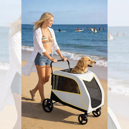 3.6x2.3x3.5Ft Dog Stroller for Large and Medium Dogs, Easy-Fold Dual Entry Pet Wagon with One-Foot Brake, All-Terrain Cart with Air Mesh for Senior Pets Up to 176 Lbs