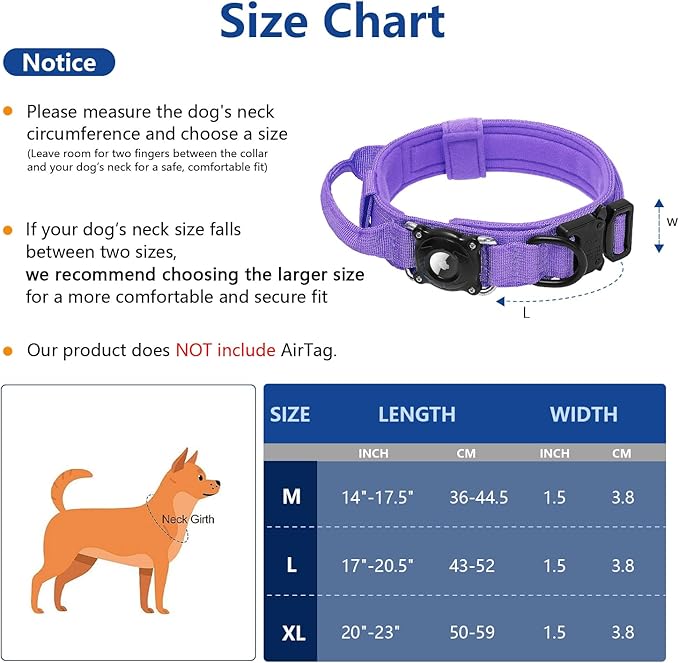 Waterproof AirTag 2nd 2026 & AirTags 1st 2021 Dog Collar - Tactical Military Collar with Secure Hard PC Holder & Comfort Handle for Medium Large Dogs,Smart ID tag (Purple, L)