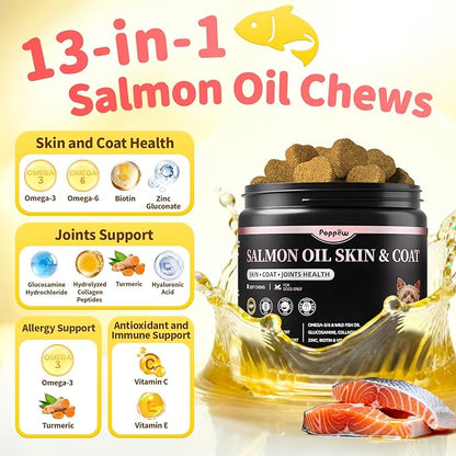 Salmon Oil for Dogs Skin & Coat, 13 in 1 Wild Alaskan Fish Oil for Dogs - Omega 3 EPA & DHA & ALA Fatty Acids, Dog Allergy Relief Chews, Joint & Immune Support, 135 Count, Chicken Flavor, Soft Chews