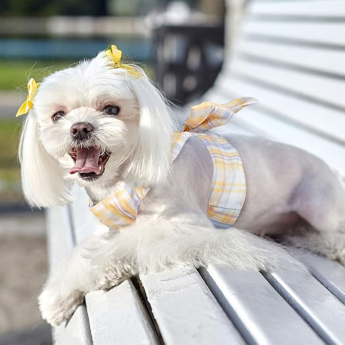 Cute Dog Harness and Leash Set with Bow Tie Soft Mesh Plaid Girl Puppy Harness No Pull Pet Cat Dog Vest Harness for Small Dogs Chihuahua Rabbit Outfit (Yellow,L)
