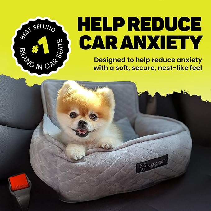 Nandog Pet Gear Luxury Dog Car Seat Bed w/Removable & Washable Pad Insert & Thick Car Seatbelt Straps - Secure, Comfortable, Easy-to-Clean Pet Carrier (Light Grey, 18" L x 16" W in)