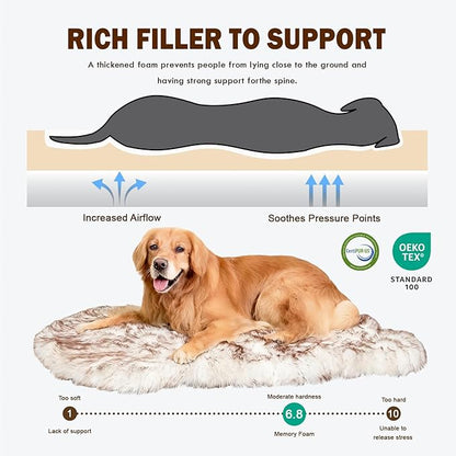 Plush Faux Fur Dog Bed for Large Dogs, Fluffy Luxury Dog Mattress, Fuzzy Dog Bed Mat Soft Flat Dog Beds Washable and Waterproof Pet Dog Rug Bed, Extra Large Orthopedic Dog Bed, Brown, 50"