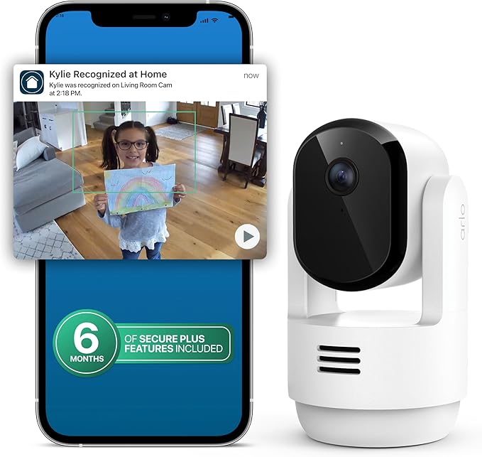 Arlo Essential Indoor Pan Tilt Security Camera 2K (2025 Release) + 6 Months of Secure Plus Plan - Wired Plug-in Power, Person Recognition, Animal Detection, Auto Motion Tracking, 1 Cam, White
