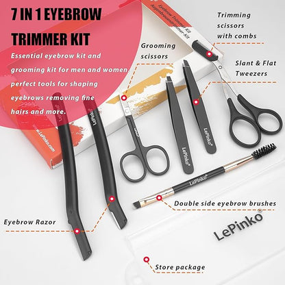 LePinko Eyebrow Trimmer Kit, 7 in 1 Eyebrow Scissors, Tweezer, Razor, Gromming Scissors Brush for Women Men, Gifts for Stocking Stuffers - Black