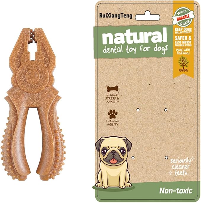 Dog Chew Toys for Aggressive Chewers, Medium & Large Dogs, Made of Real Pine Wood and Durable Food-Grade Nylon, with Tool Shape Design for Dental Cleaning and Long-Lasting Chewing (Brown-Pliers)