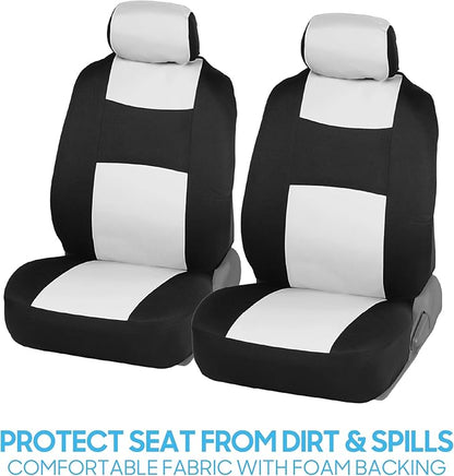 BDK PolyPro Car Seat Covers Full Set in White on Black, Front and Rear Split Bench Seat Covers for Cars, Easy to Install Car Seats Cover Set and Accessories for Auto Trucks Van SUV - White