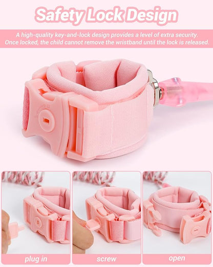 Dr.meter Anti Lost Wrist Link, 2 Pack Toddler Safety Leash with Key Lock, Reflective Child Walking Harness - Dual 8.2ft Length Pink & Blue Kids Leash for Supermarket Mall Airport Amusement Park Zoo