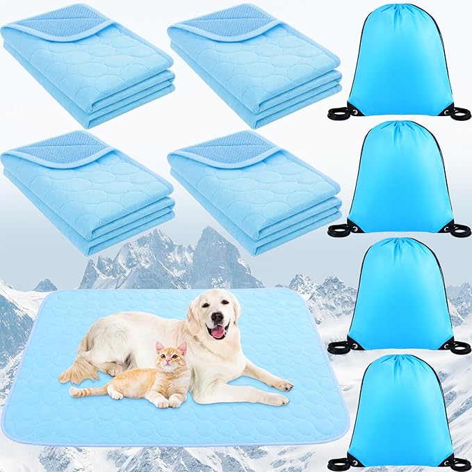 Chunful 4 Pack Pet Cooling Mat for Dogs and Cats, Summer Washable Dog Cooling Pad with Non-Slip Bottom & Storage Bags, Foldable Self-Cooling Blanket for Crate, Sofa, Floor, Car(39 x 59 Inches)