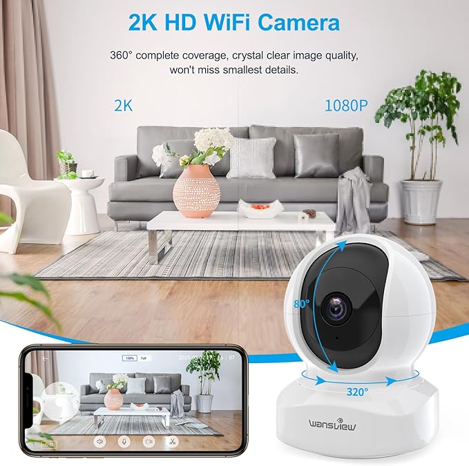 Home Security Camera, Baby Camera, 2K wansview WiFi Camera for Pet/Nanny, Motion Alerts, 2 Way Audio, Night Vision, Compatible with Alexa Echo Show, with TF Card Slot and Cloud